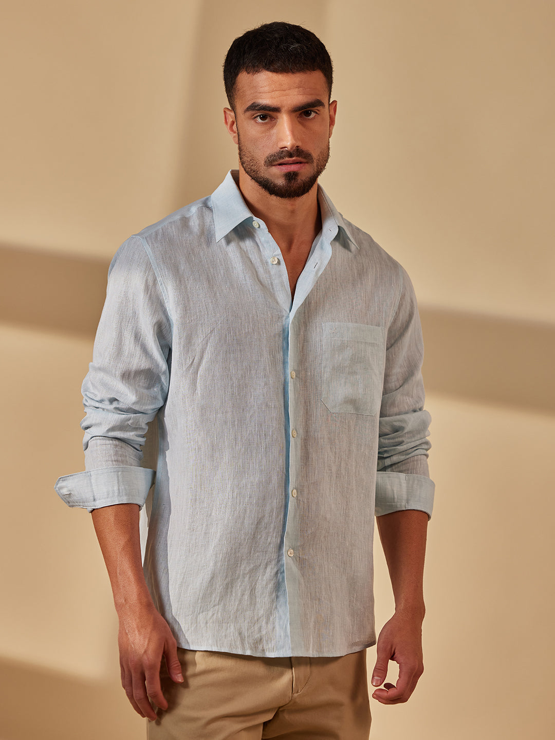 Aldeno Men Regular Fit Solid Light blue Linen Shirt (MOSI)