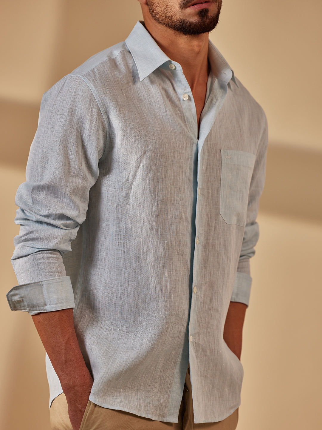 Aldeno Men Regular Fit Solid Light blue Linen Shirt (MOSI)