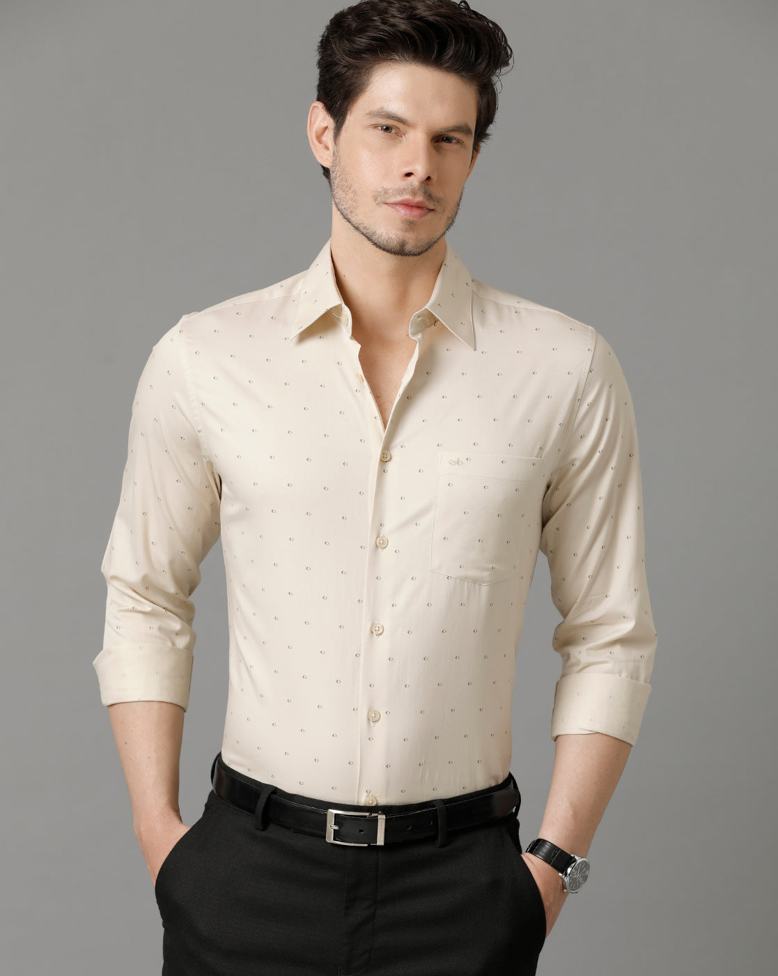 Aldeno Men Printed Formal Beige Shirt (ASHER)
