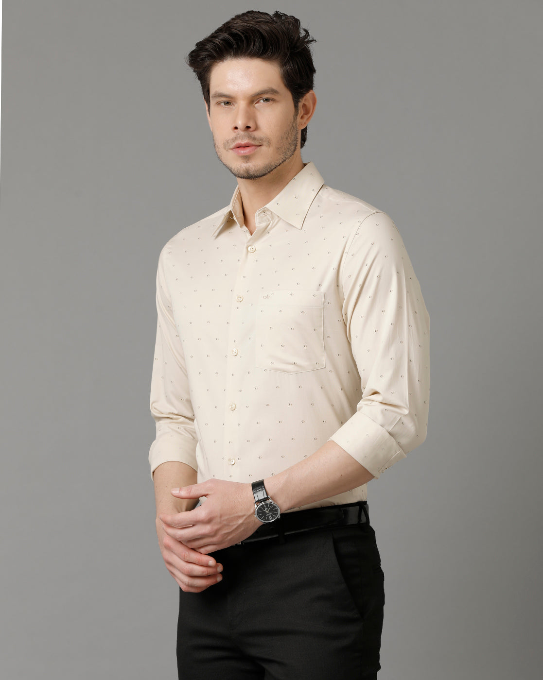 Aldeno Men Printed Formal Beige Shirt (ASHER)