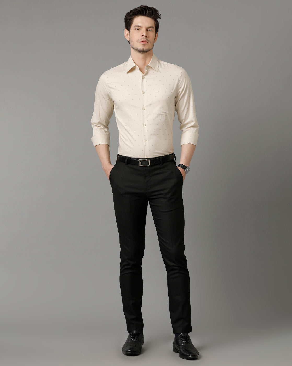 Aldeno Men Printed Formal Beige Shirt (ASHER)
