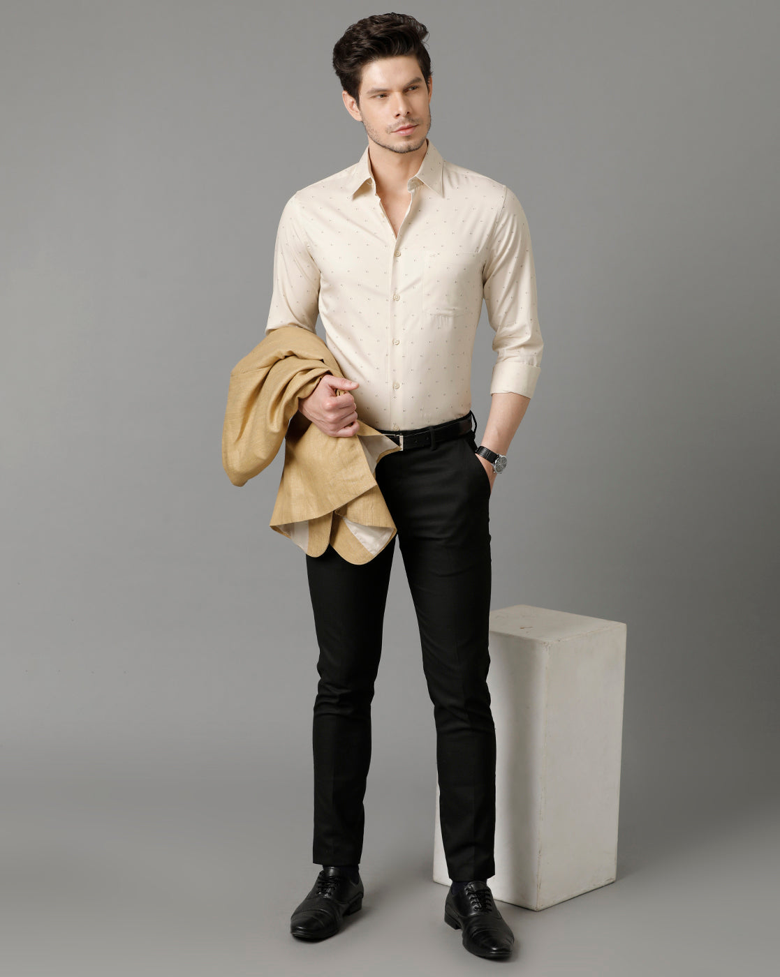 Aldeno Men Printed Formal Beige Shirt (ASHER)