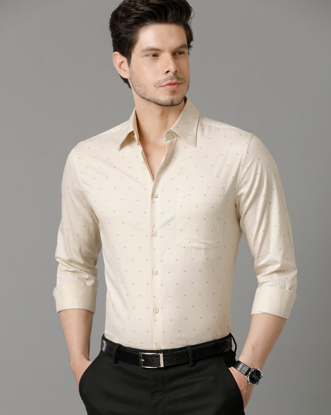 Aldeno Men Printed Formal Beige Shirt (ASHER)