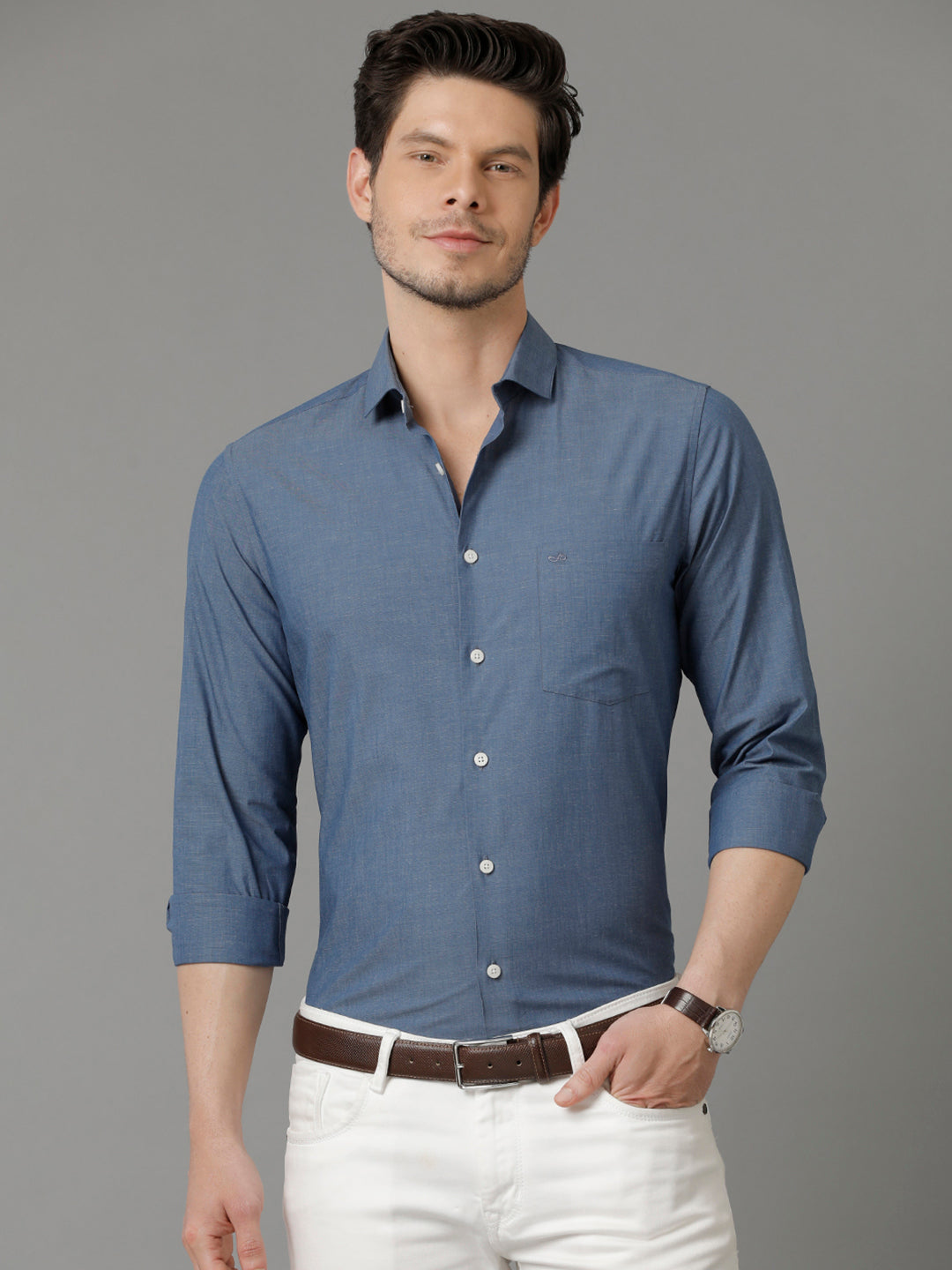 Aldeno Mens Slim Fit Solid Space Blue Formal Cotton Shirt (CADEN)