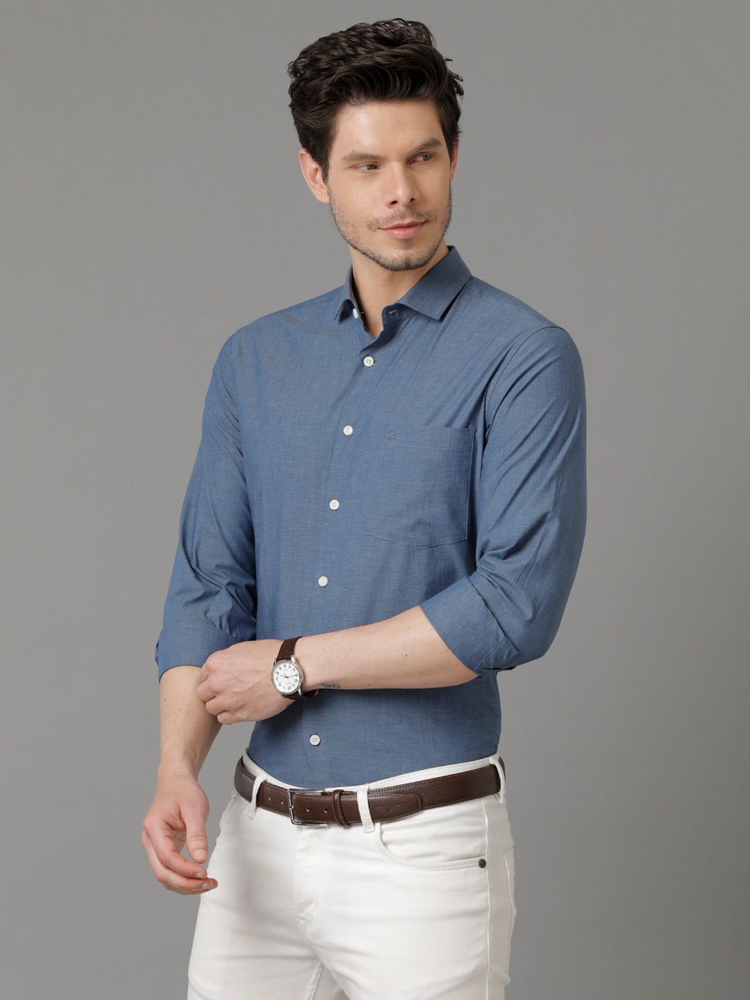 Aldeno Mens Slim Fit Solid Space Blue Formal Cotton Shirt (CADEN)