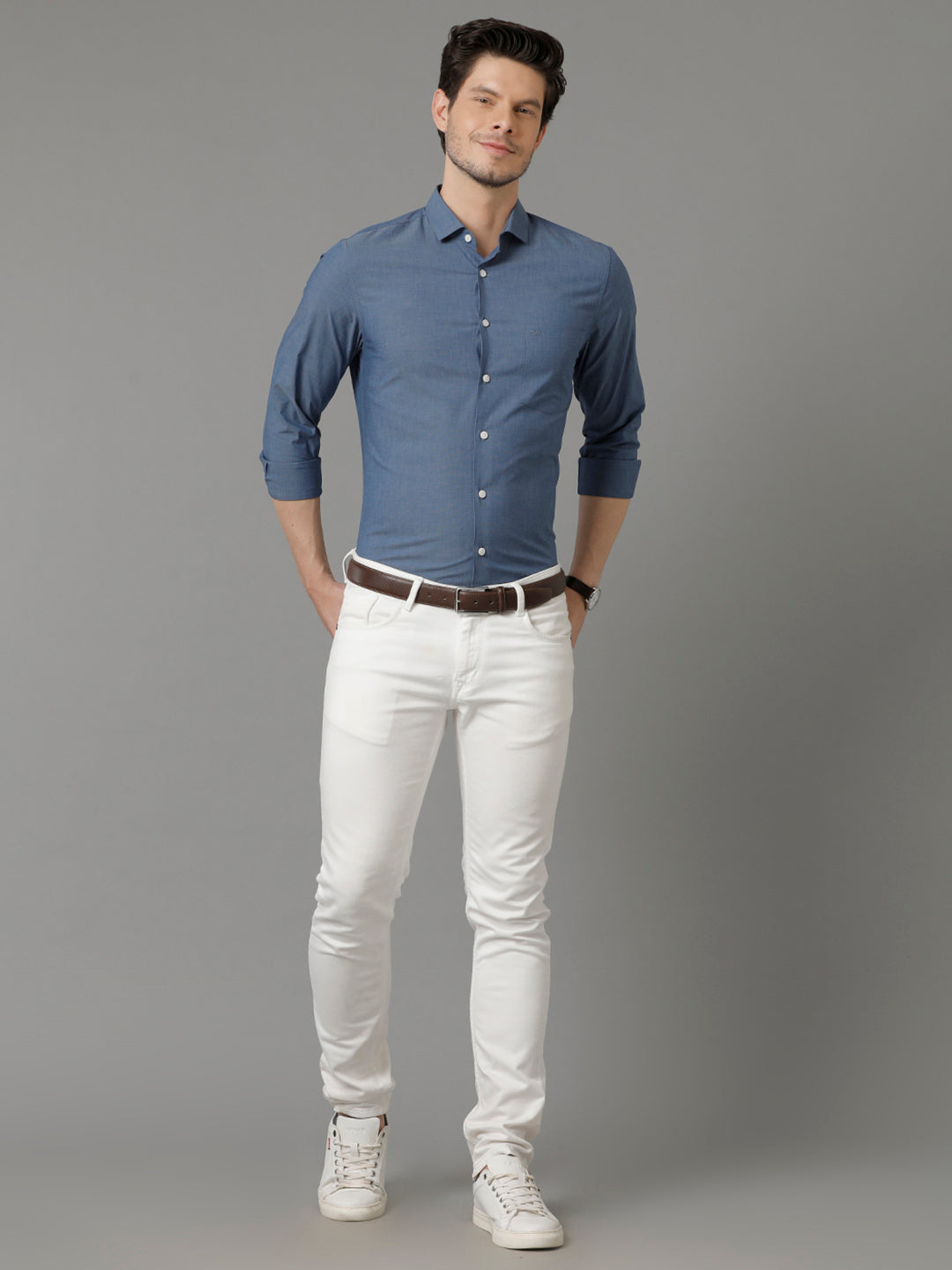 Aldeno Mens Slim Fit Solid Space Blue Formal Cotton Shirt (CADEN)