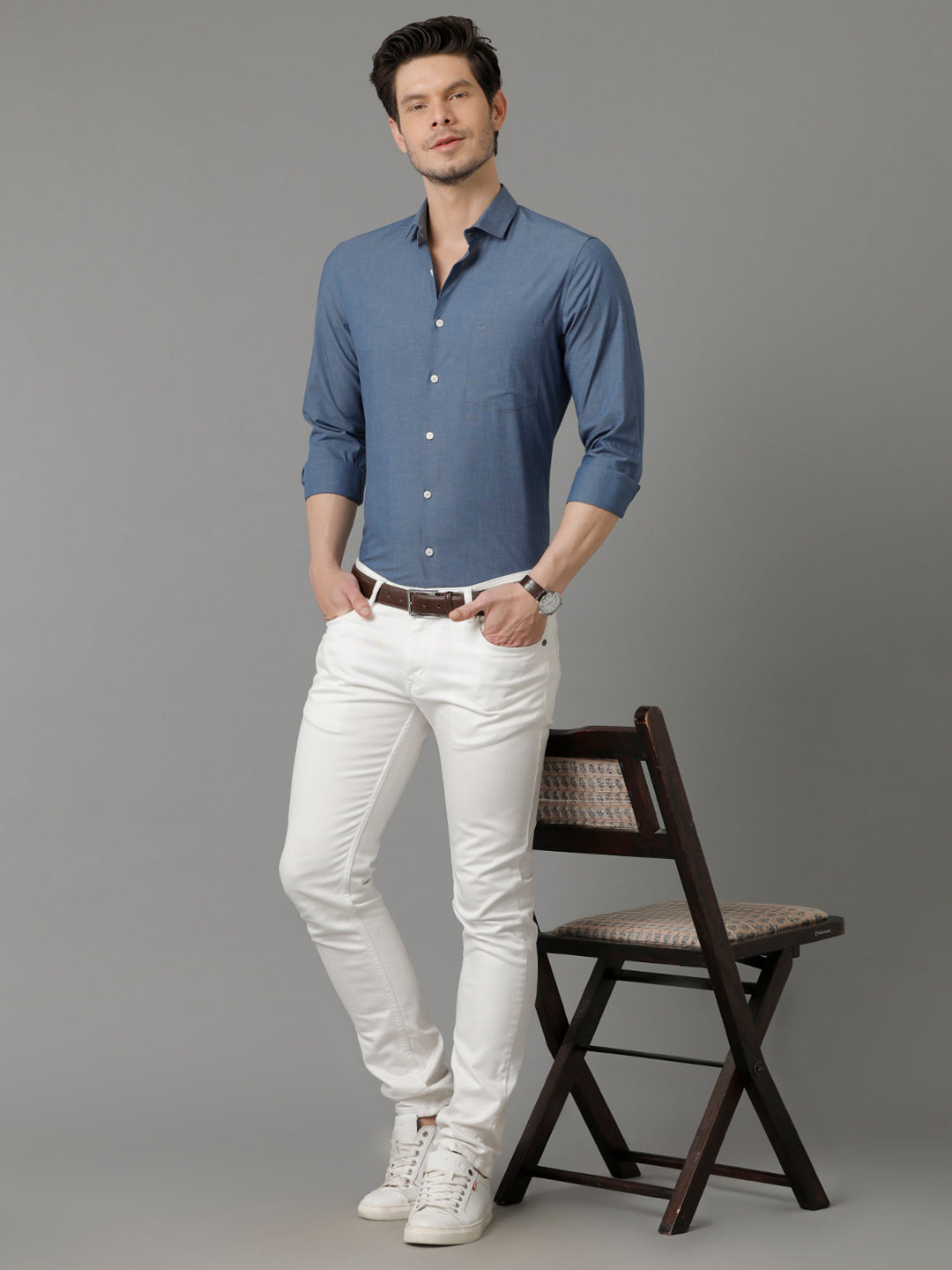 Aldeno Mens Slim Fit Solid Space Blue Formal Cotton Shirt (CADEN)