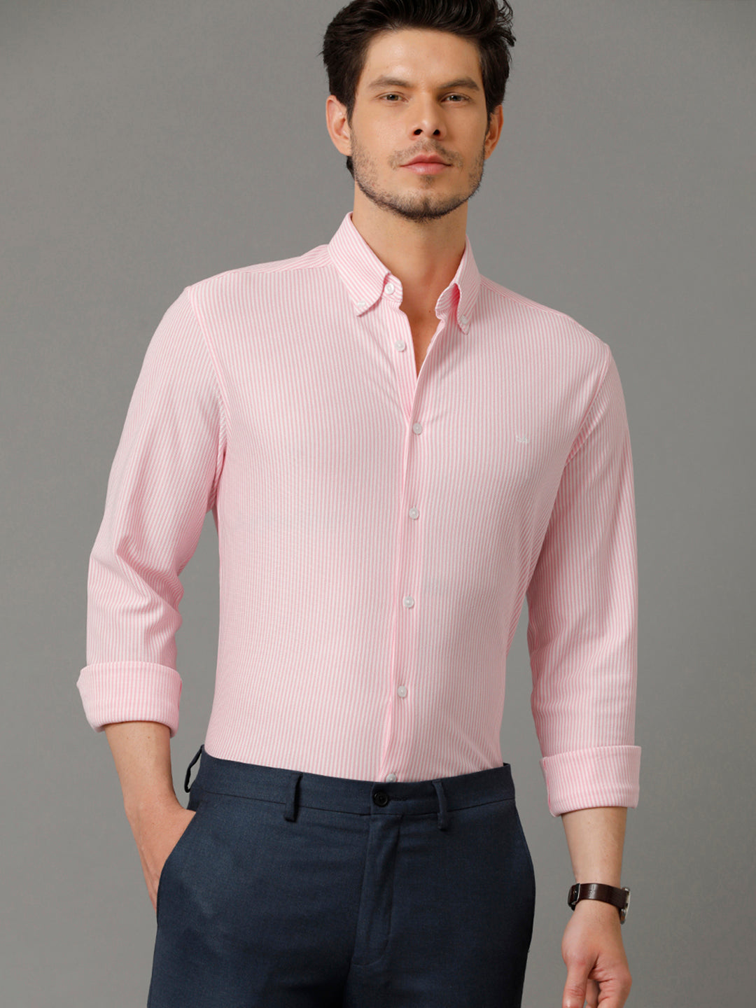 Aldeno Mens Regular Fit Vertical Stripes Pink Formal Knitted Cotton Shirt (CADE)
