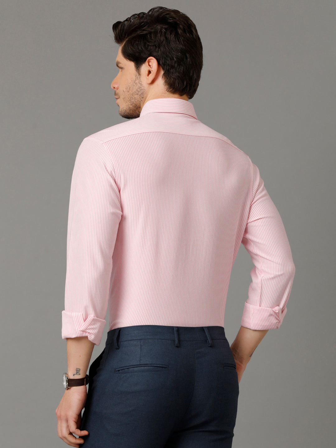 Aldeno Mens Regular Fit Vertical Stripes Pink Formal Knitted Cotton Shirt (CADE)