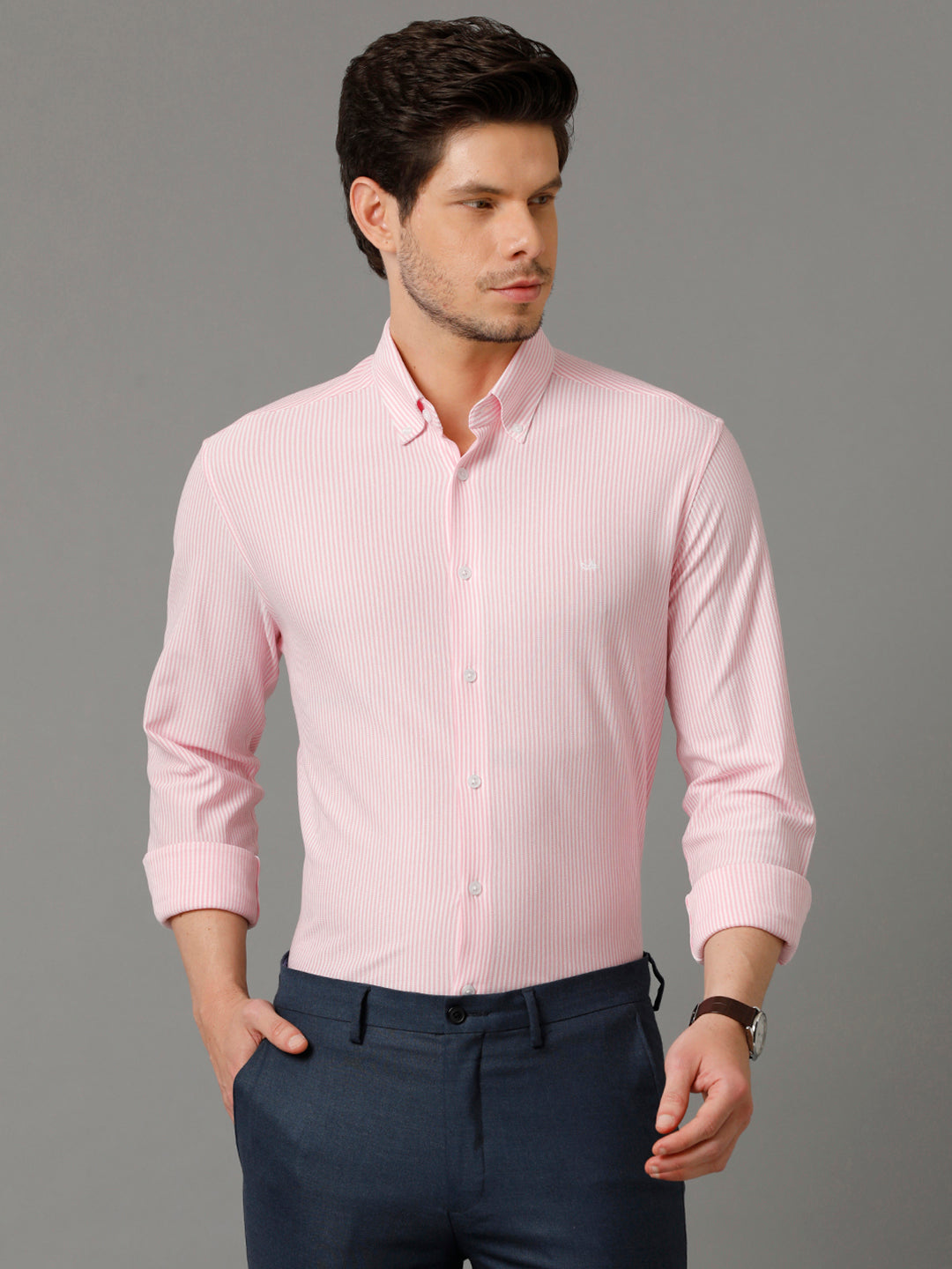 Aldeno Mens Regular Fit Vertical Stripes Pink Formal Knitted Cotton Shirt (CADE)