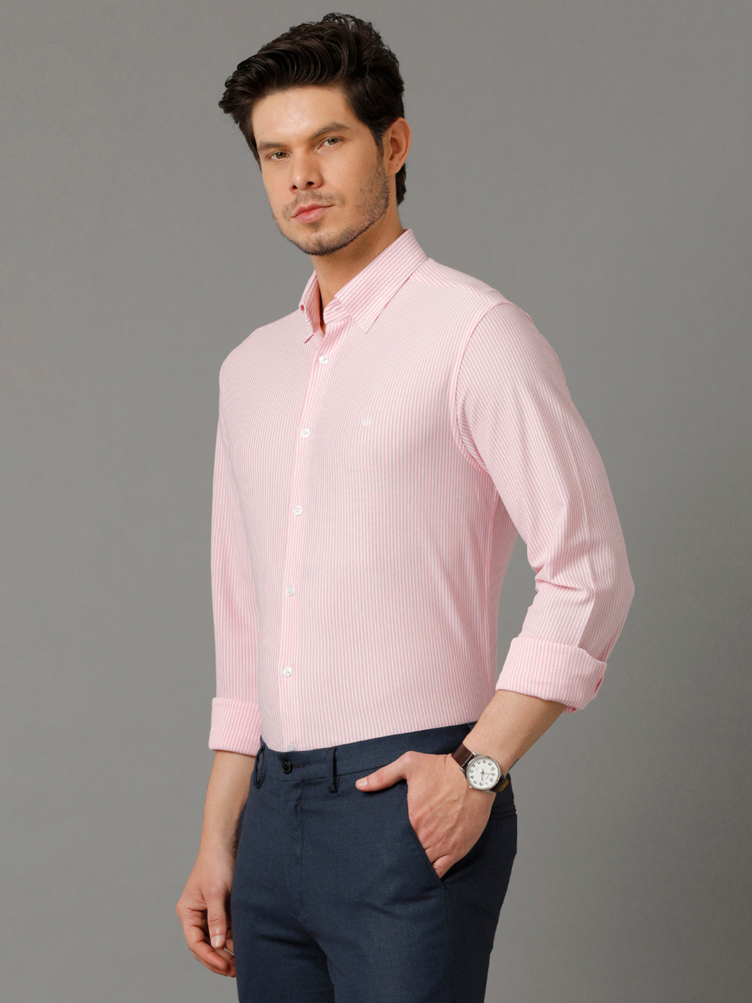 Aldeno Mens Regular Fit Vertical Stripes Pink Formal Knitted Cotton Shirt (CADE)