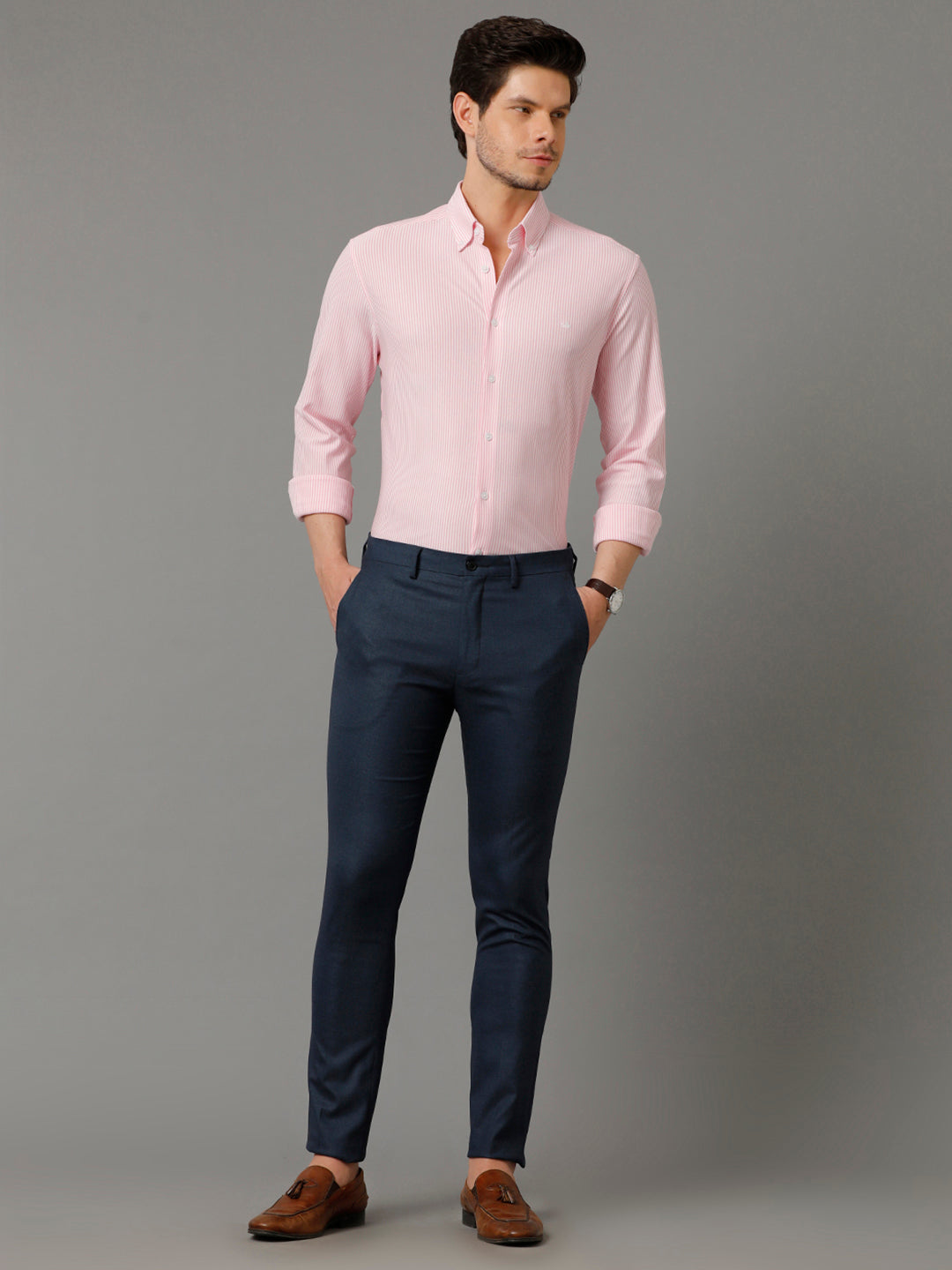 Aldeno Mens Regular Fit Vertical Stripes Pink Formal Knitted Cotton Shirt (CADE)