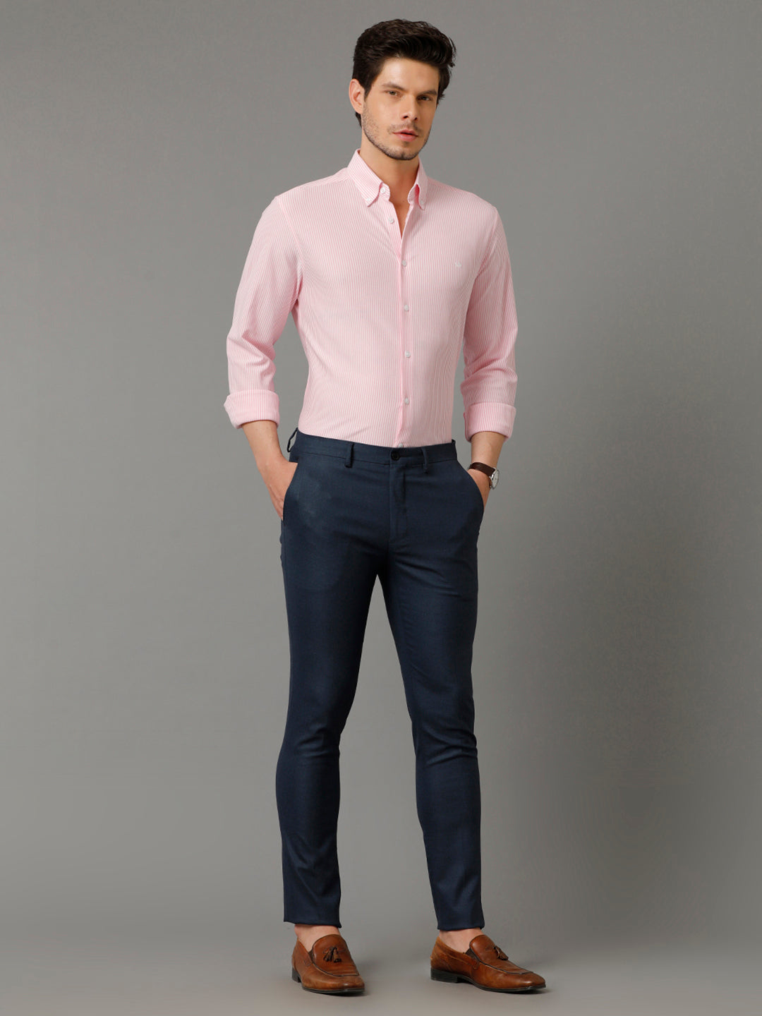 Aldeno Mens Regular Fit Vertical Stripes Pink Formal Knitted Cotton Shirt (CADE)