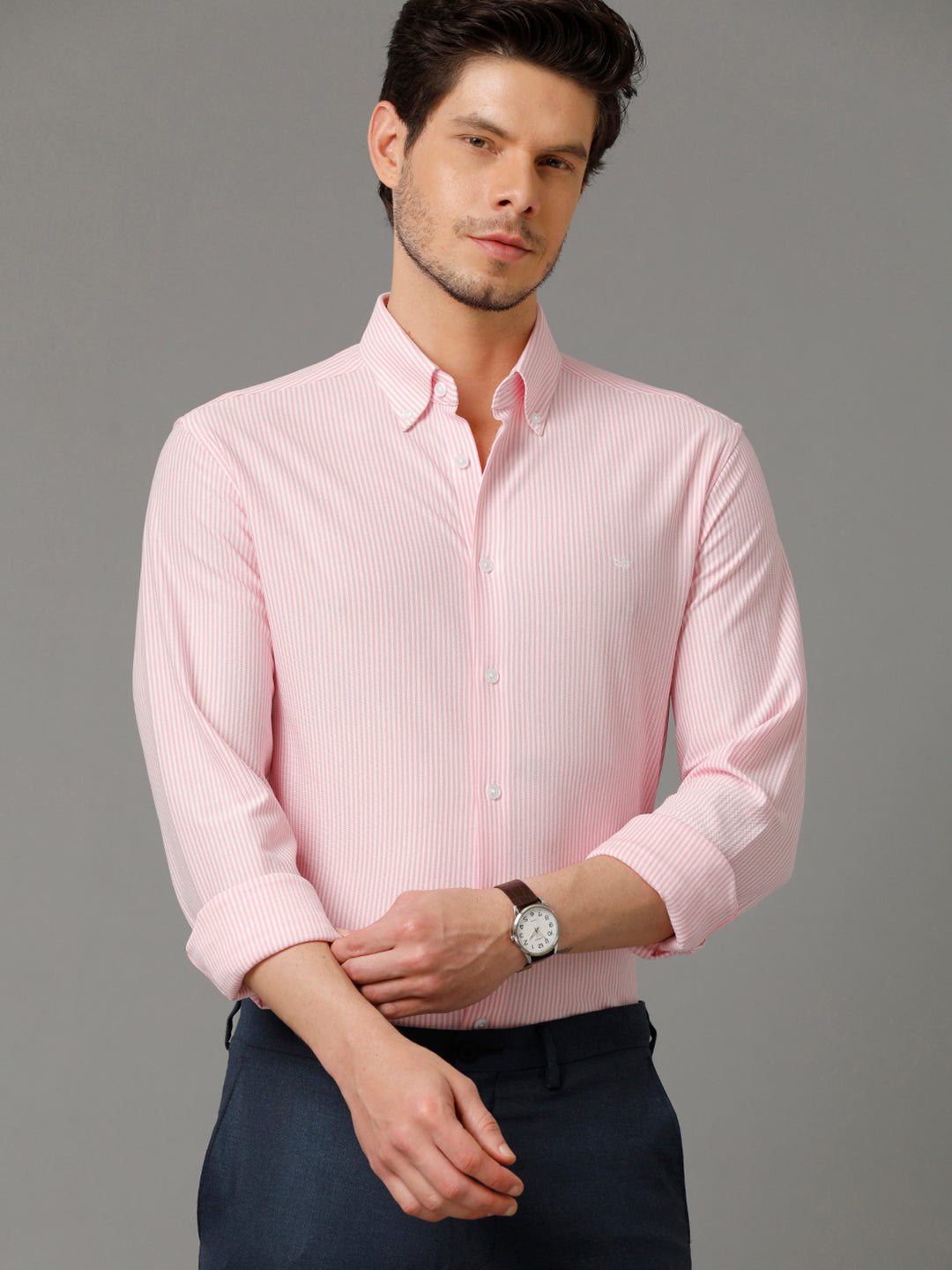 Aldeno Mens Regular Fit Vertical Stripes Pink Formal Knitted Cotton Shirt (CADE)