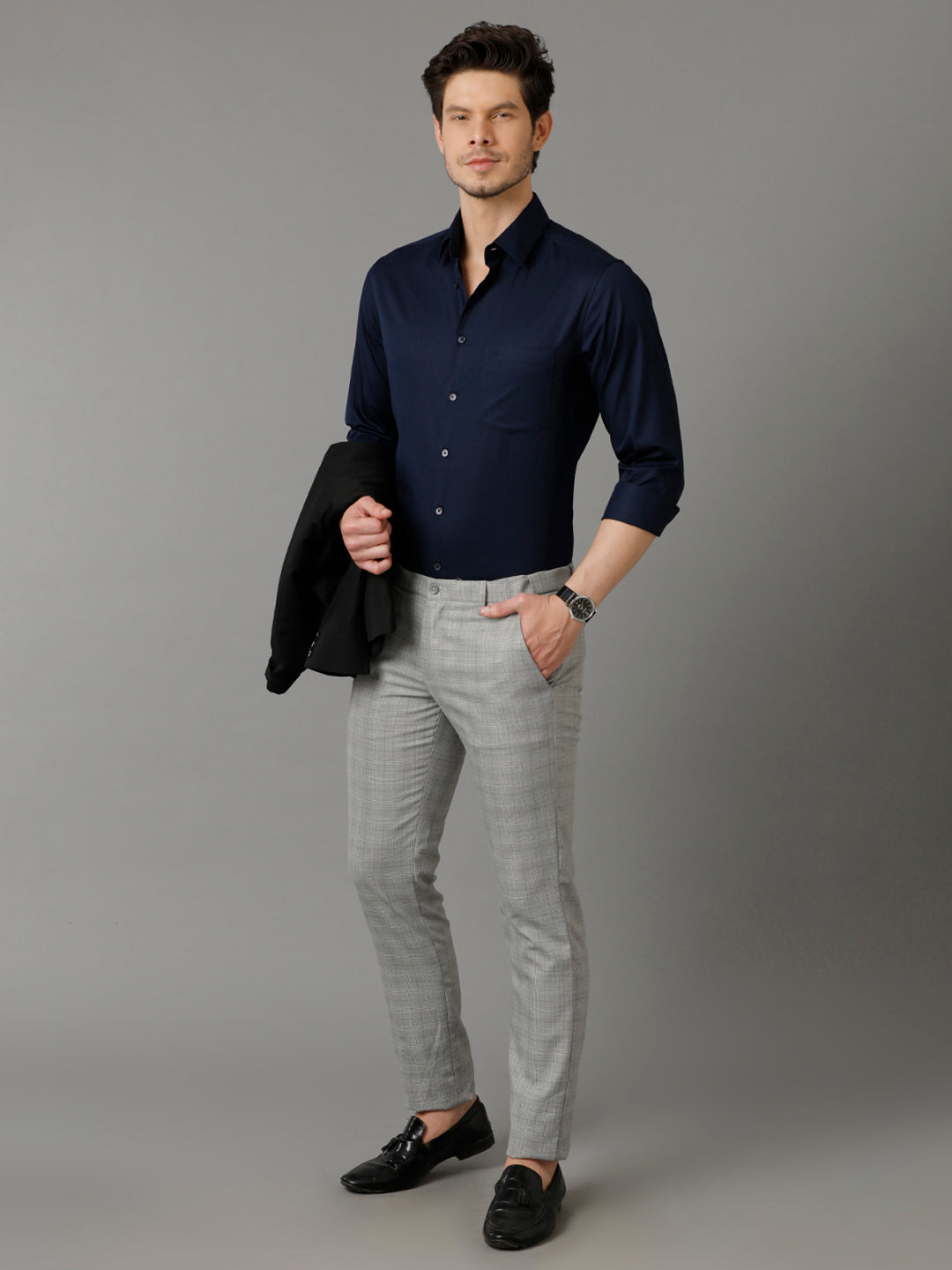 Aldeno Mens Regular Fit Solid Navy Blue Formal Cotton Shirt (CAEDY)
