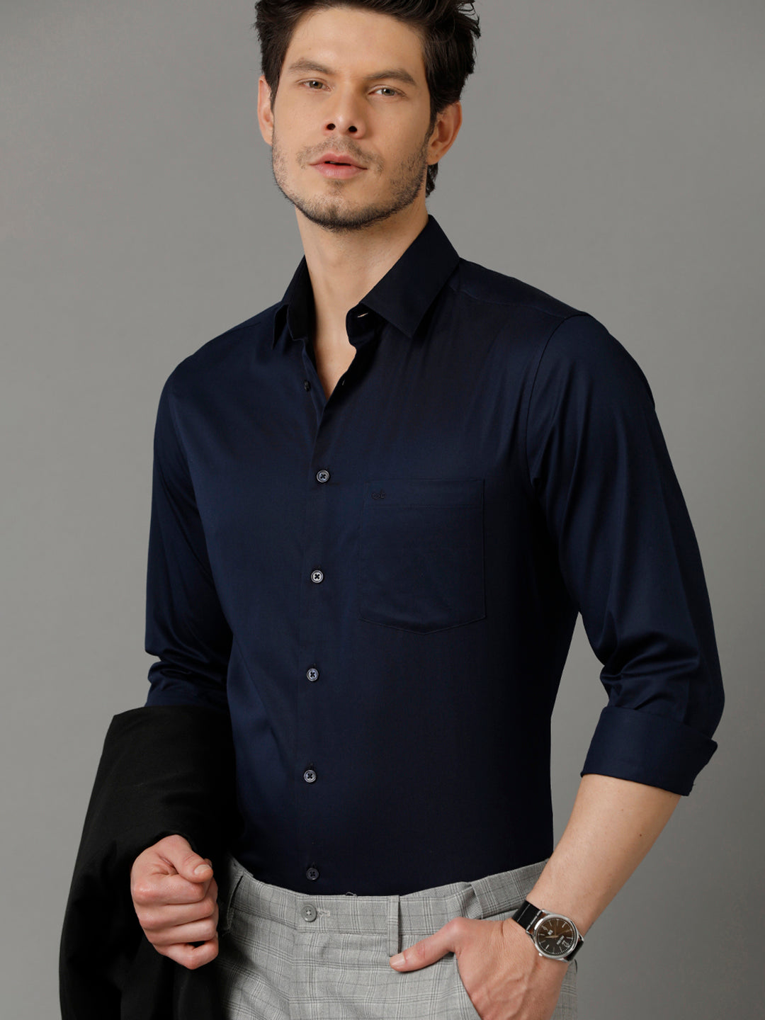 Aldeno Mens Regular Fit Solid Navy Blue Formal Cotton Shirt (CAEDY)