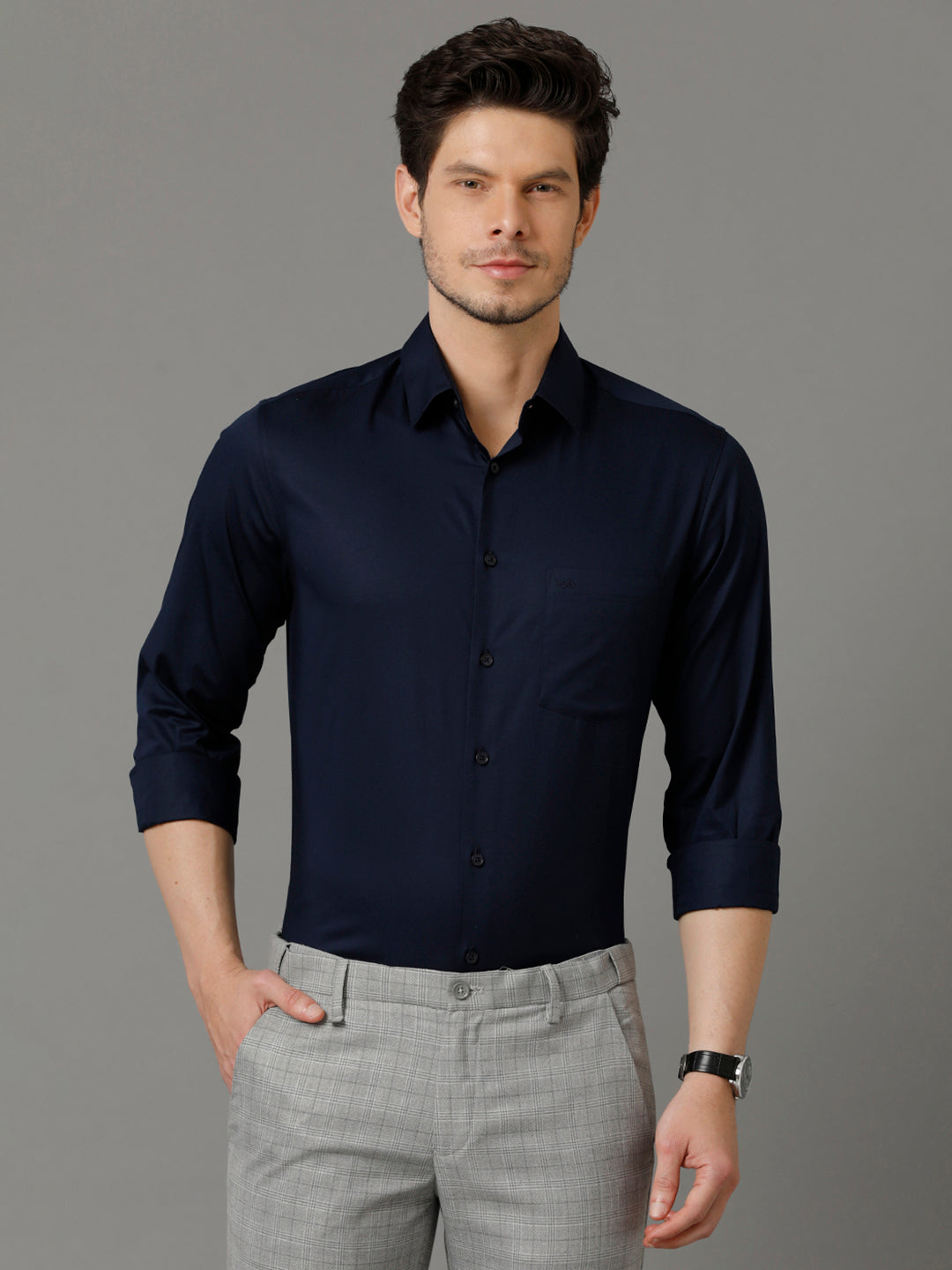 Aldeno Mens Regular Fit Solid Navy Blue Formal Cotton Shirt (CAEDY)