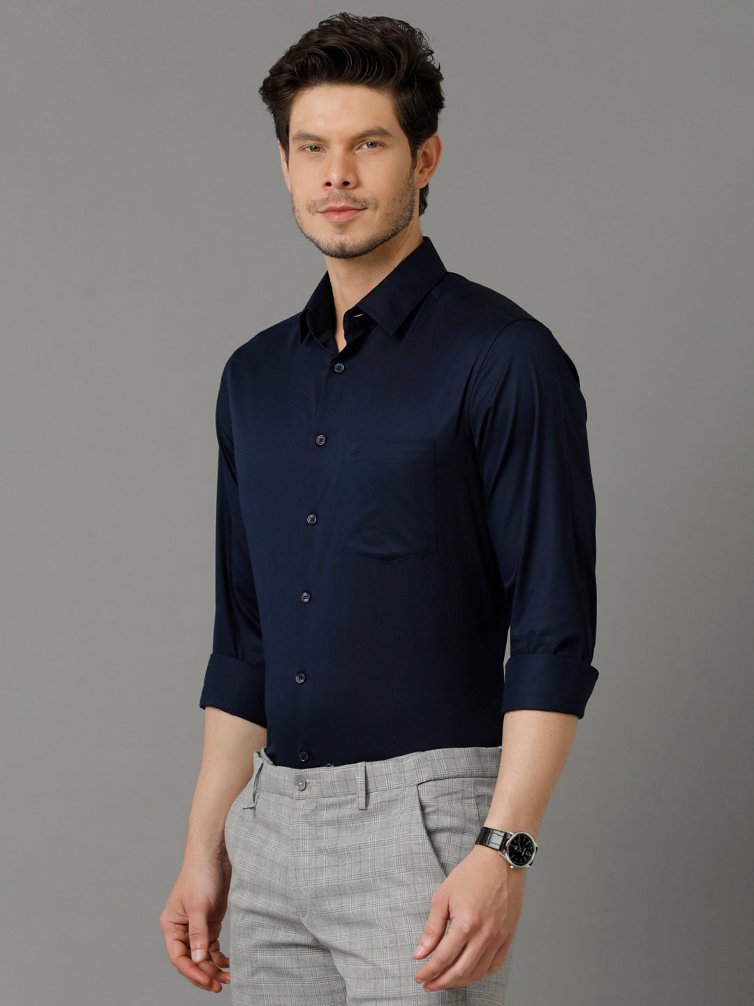 Aldeno Mens Regular Fit Solid Navy Blue Formal Cotton Shirt (CAEDY)