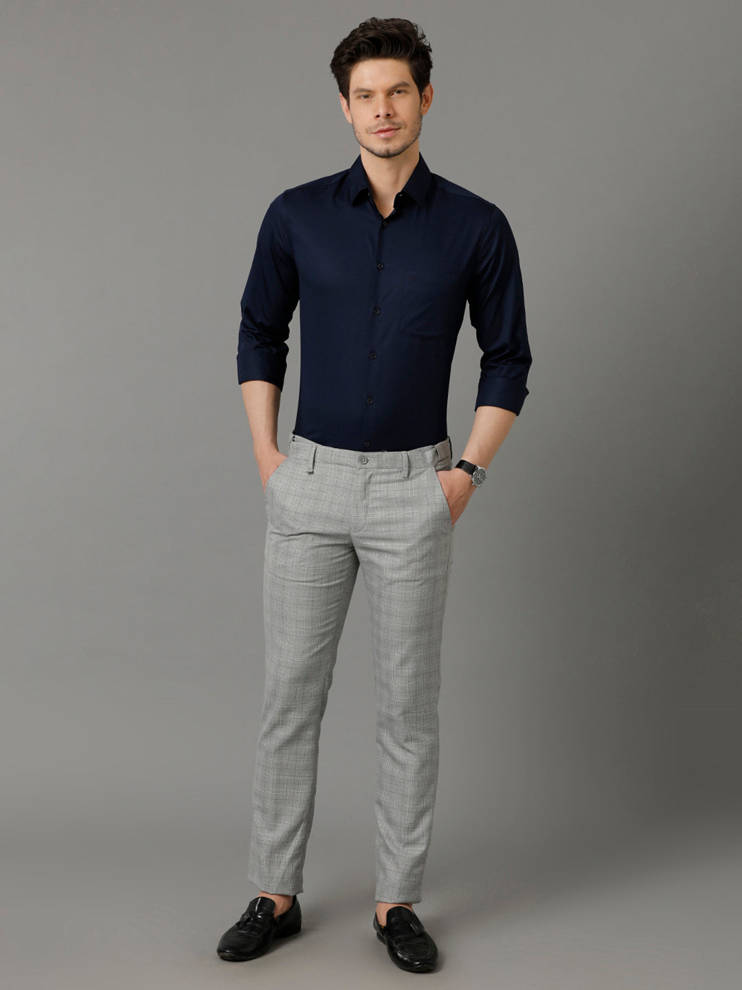 Aldeno Mens Regular Fit Solid Navy Blue Formal Cotton Shirt (CAEDY)