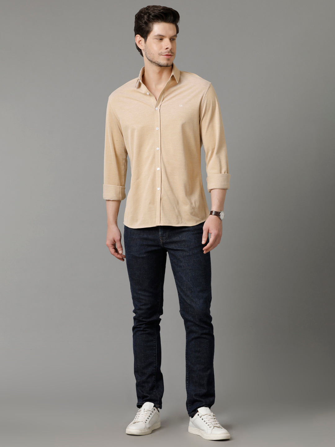 Aldeno Mens Regular Fit Solid Yellow Casual Knitted Cotton Shirt (CAIUS)