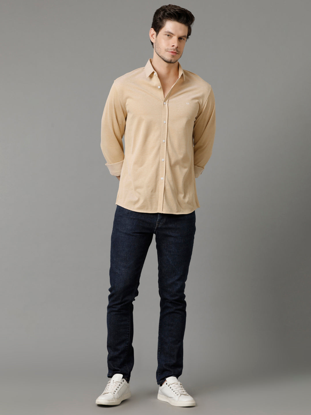 Aldeno Mens Regular Fit Solid Yellow Casual Knitted Cotton Shirt (CAIUS)
