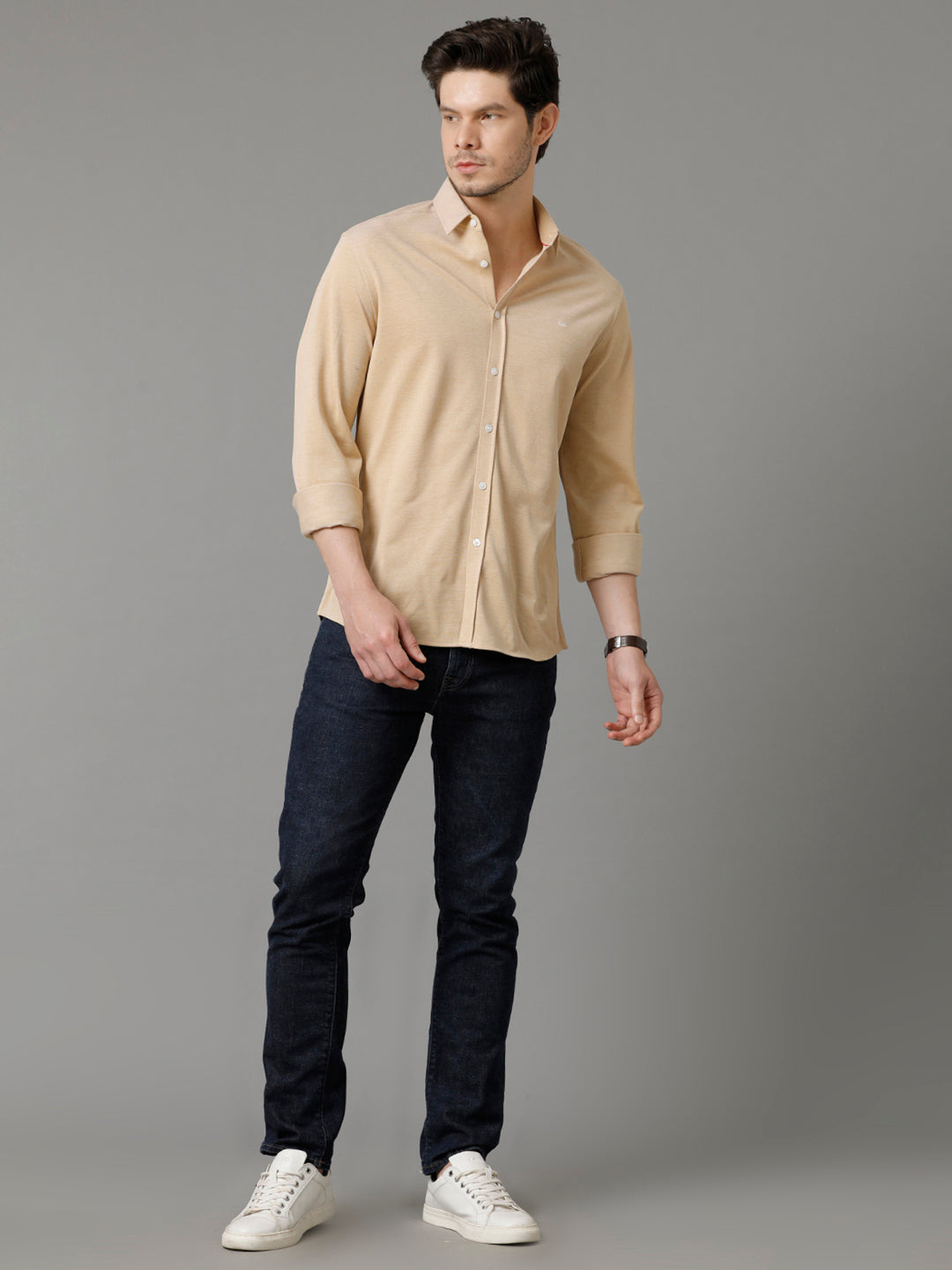 Aldeno Mens Regular Fit Solid Yellow Casual Knitted Cotton Shirt (CAIUS)
