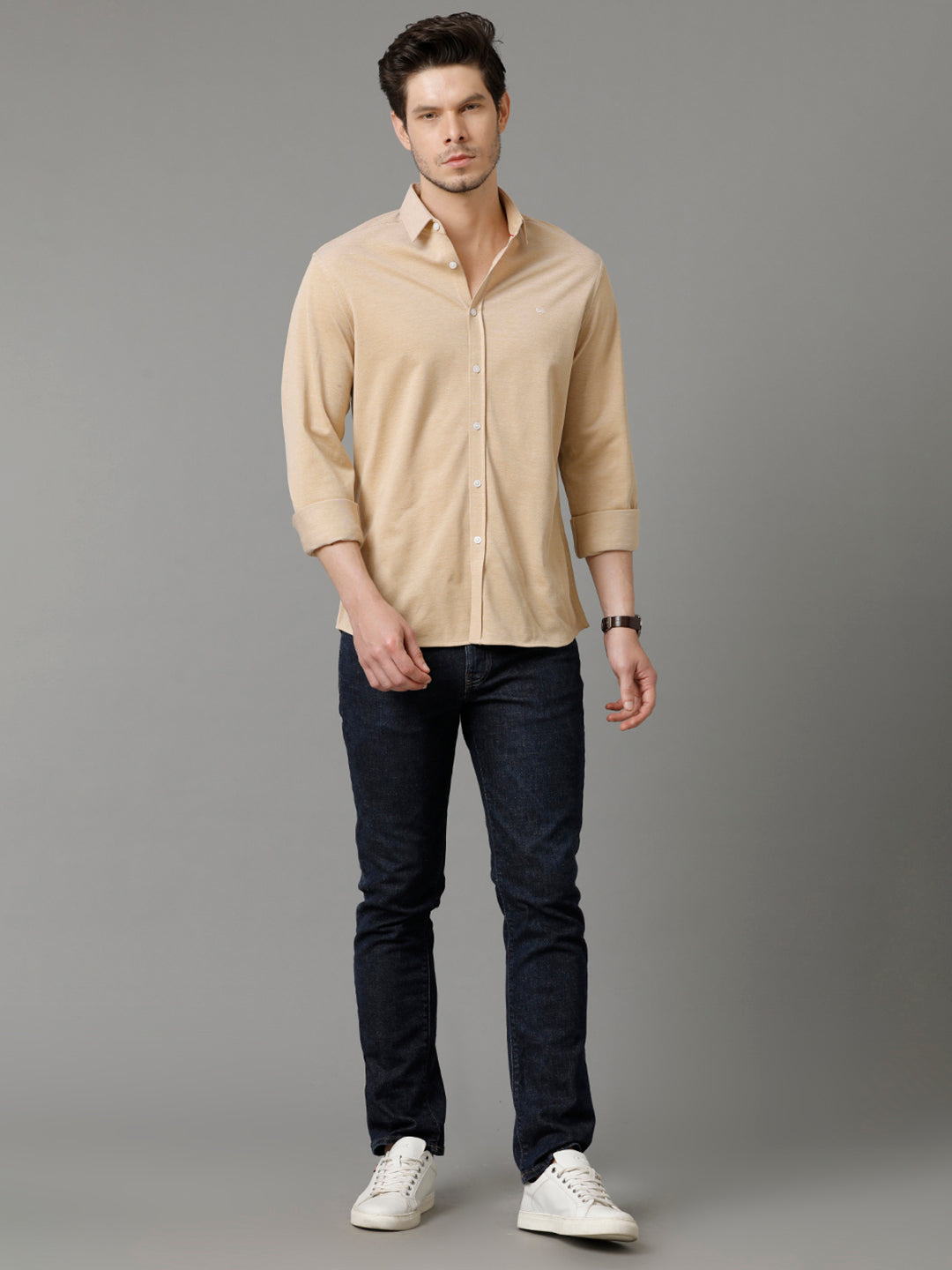 Aldeno Mens Regular Fit Solid Yellow Casual Knitted Cotton Shirt (CAIUS)