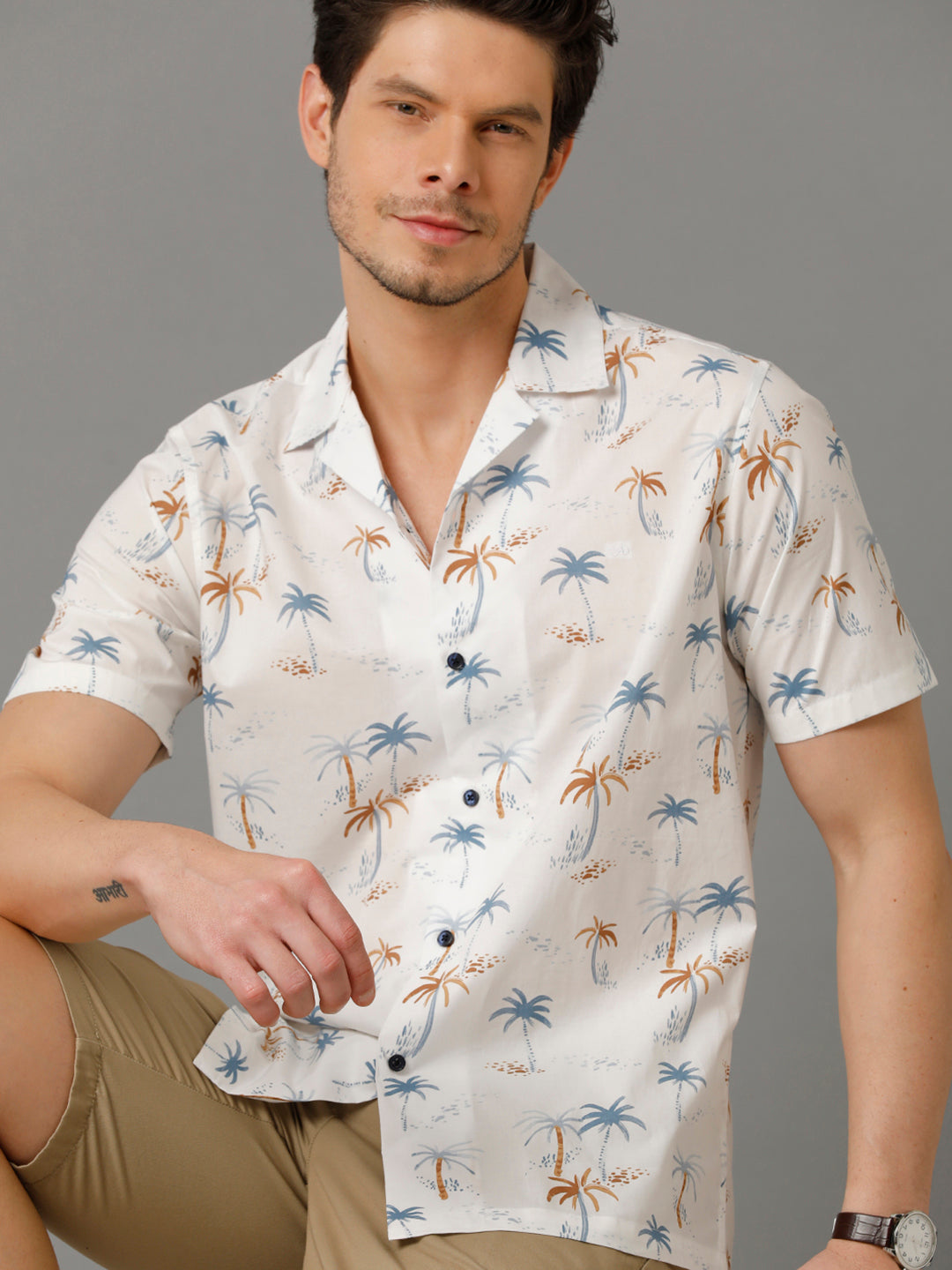 Aldeno Mens Regular Fit Floral Print White Casual Cotton Shirt (CALAN)