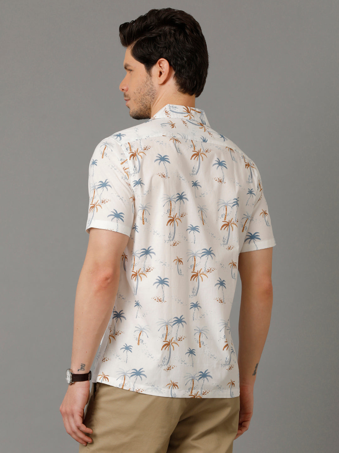 Aldeno Mens Regular Fit Floral Print White Casual Cotton Shirt (CALAN)