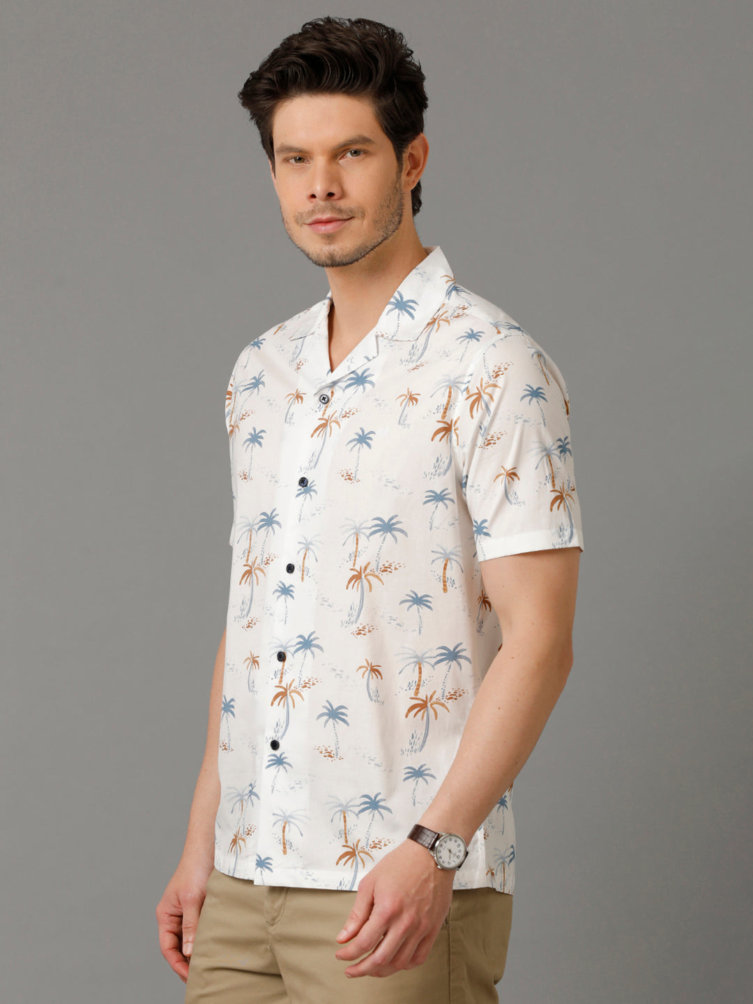 Aldeno Mens Regular Fit Floral Print White Casual Cotton Shirt (CALAN)