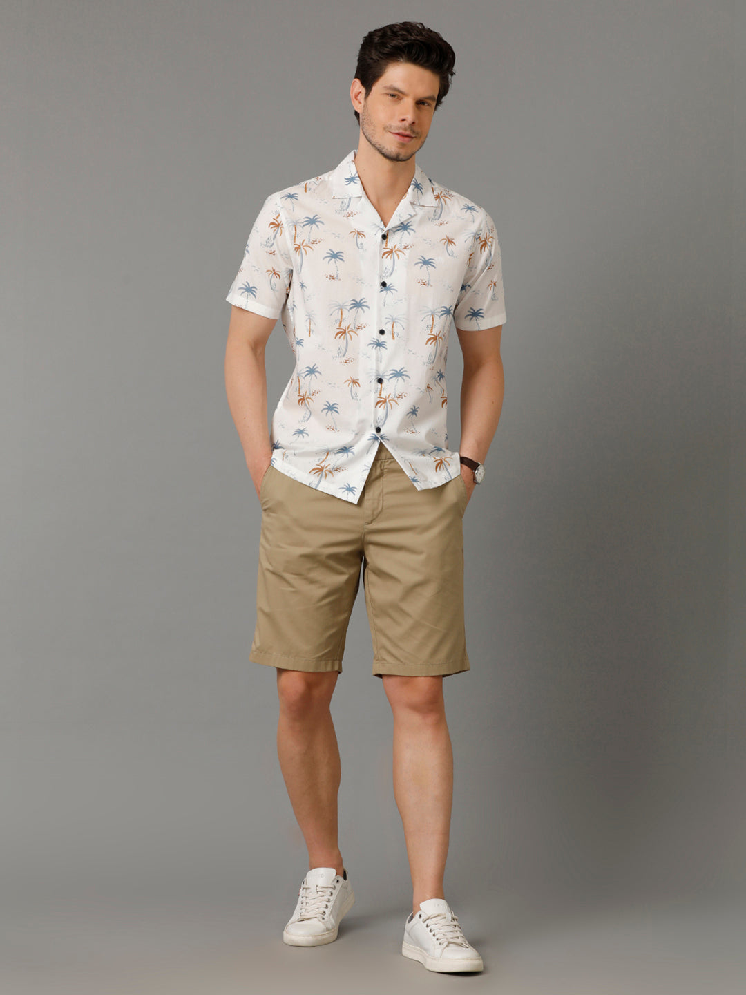 Aldeno Mens Regular Fit Floral Print White Casual Cotton Shirt (CALAN)