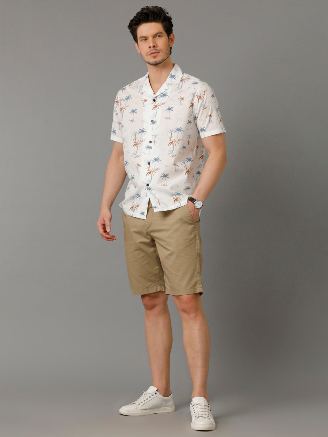 Aldeno Mens Regular Fit Floral Print White Casual Cotton Shirt (CALAN)