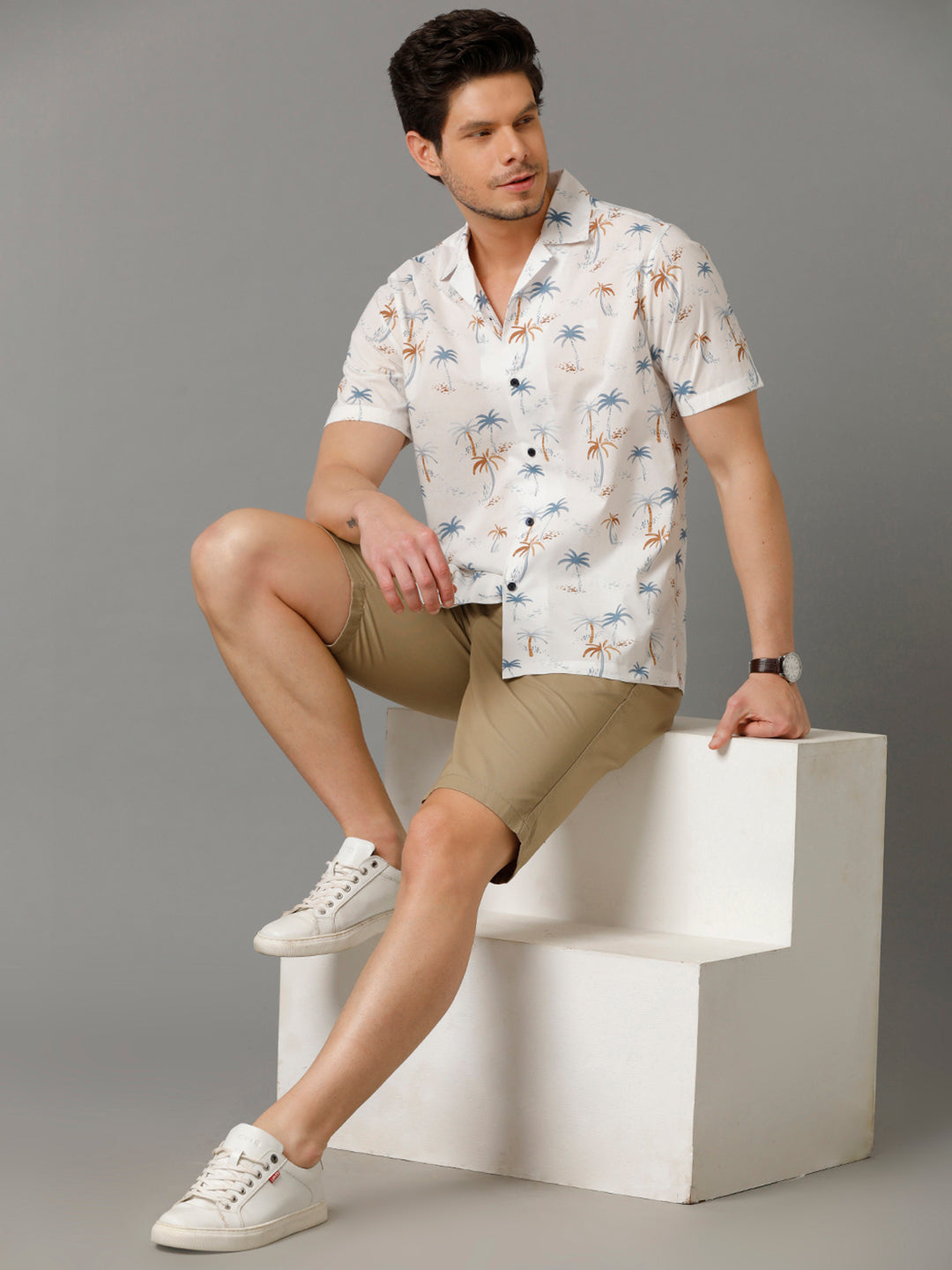 Aldeno Mens Regular Fit Floral Print White Casual Cotton Shirt (CALAN)