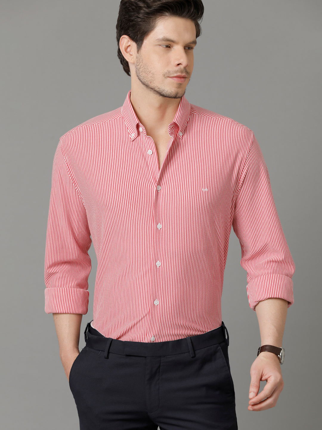 Aldeno Mens Regular Fit Vertical Stripes Red Formal Knitted Cotton Shirt (CARGO)