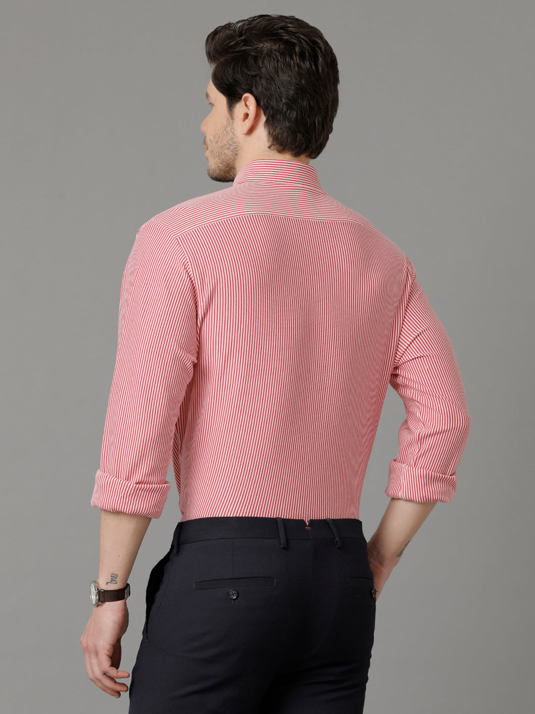 Aldeno Mens Regular Fit Vertical Stripes Red Formal Knitted Cotton Shirt (CARGO)