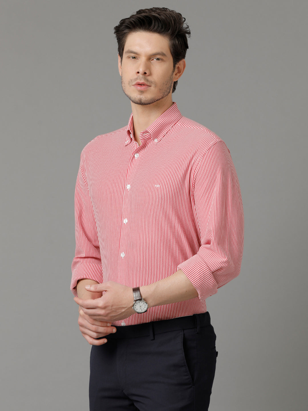 Aldeno Mens Regular Fit Vertical Stripes Red Formal Knitted Cotton Shirt (CARGO)
