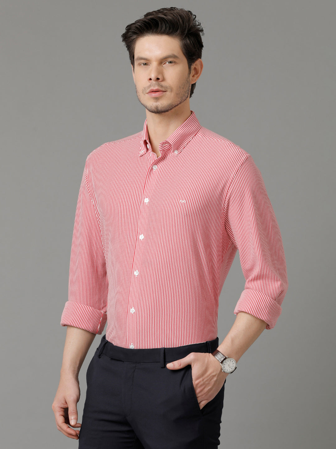 Aldeno Mens Regular Fit Vertical Stripes Red Formal Knitted Cotton Shirt (CARGO)