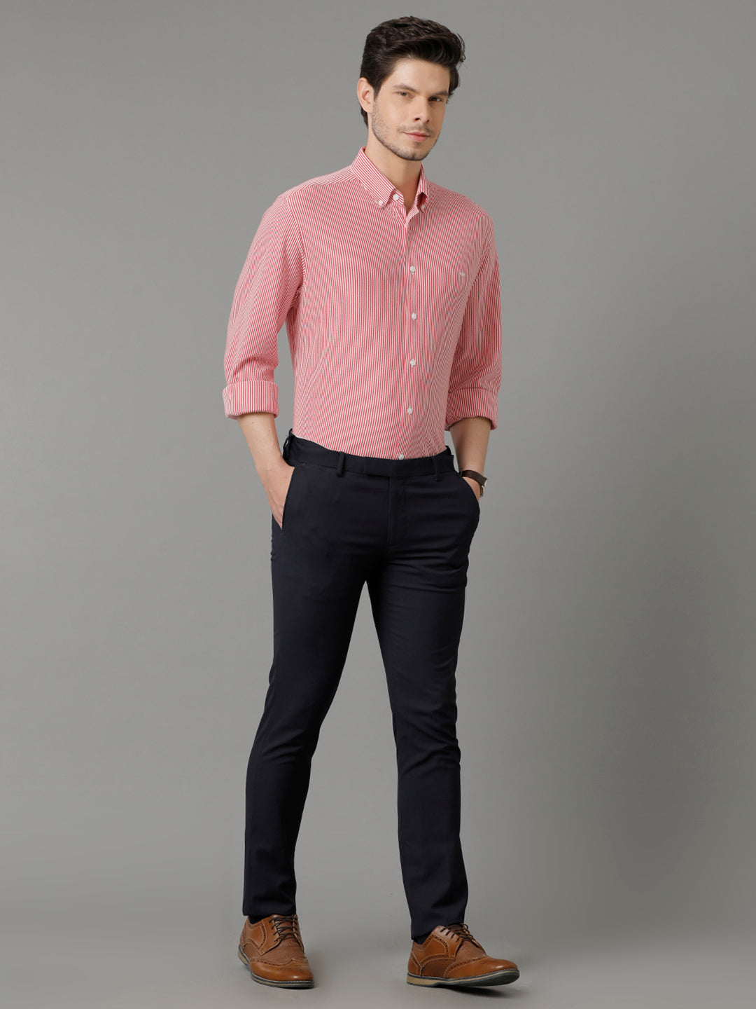 Aldeno Mens Regular Fit Vertical Stripes Red Formal Knitted Cotton Shirt (CARGO)