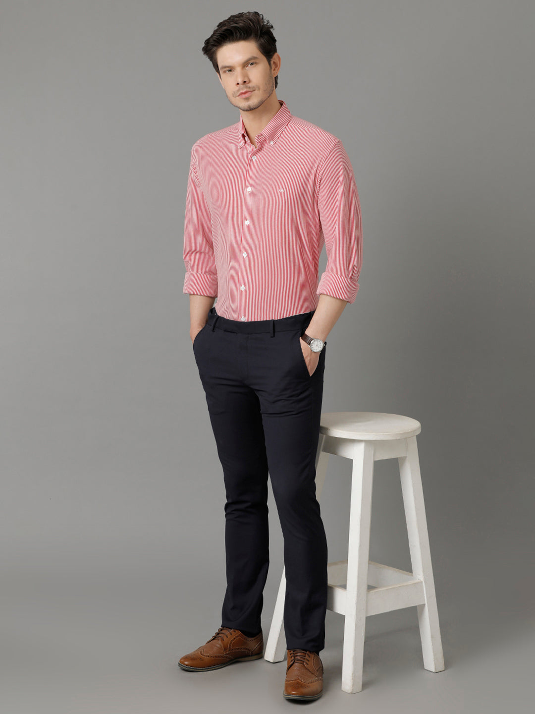 Aldeno Mens Regular Fit Vertical Stripes Red Formal Knitted Cotton Shirt (CARGO)