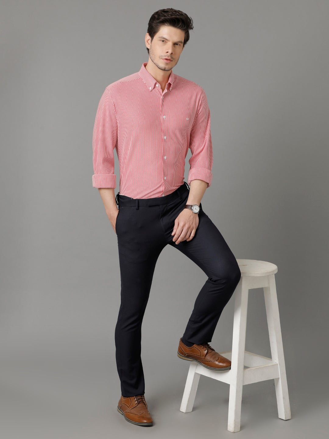 Aldeno Mens Regular Fit Vertical Stripes Red Formal Knitted Cotton Shirt (CARGO)