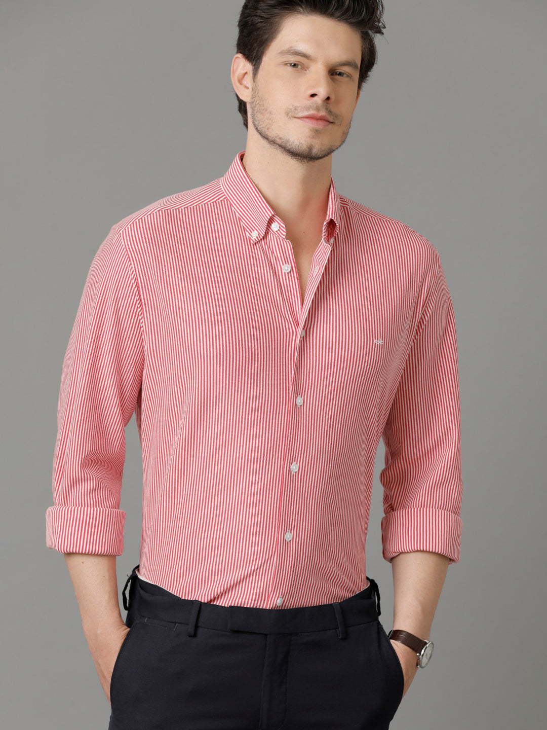Aldeno Mens Regular Fit Vertical Stripes Red Formal Knitted Cotton Shirt (CARGO)