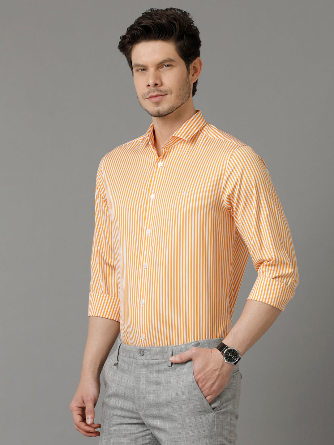 Aldeno Mens Regular Fit Vertical Stripes Orange Casual Cotton Shirt (CARLL)