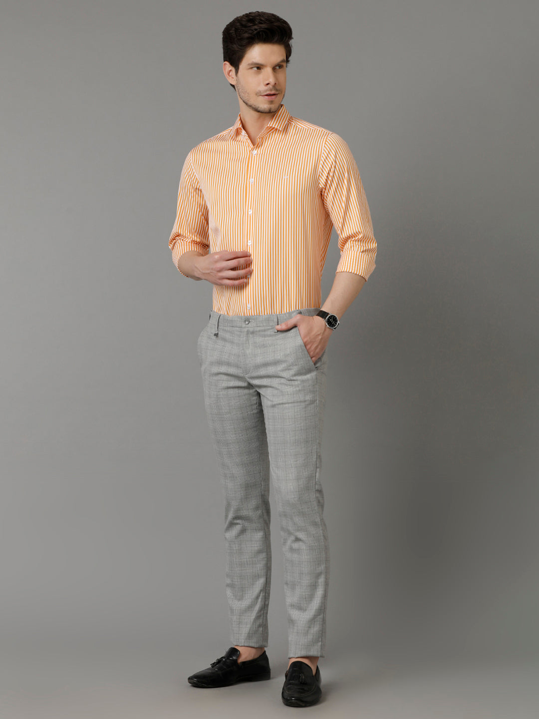 Aldeno Mens Regular Fit Vertical Stripes Orange Casual Cotton Shirt (CARLL)