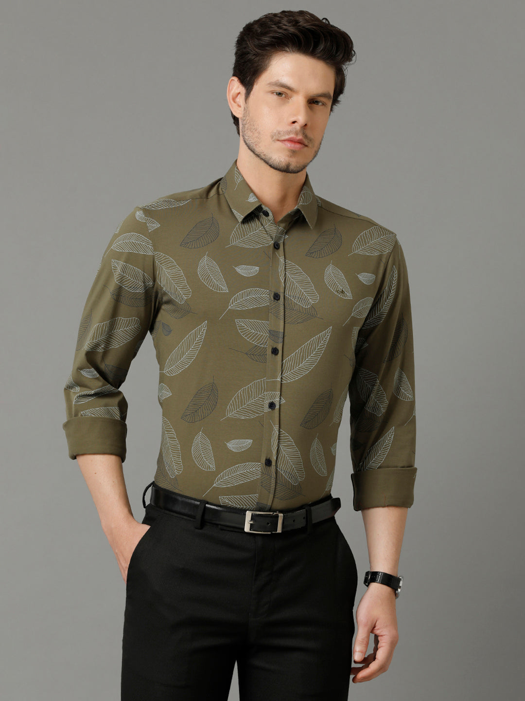 Aldeno Mens Regular Fit Floral Print Green Casual Knitted Cotton Shirt (CARSO)