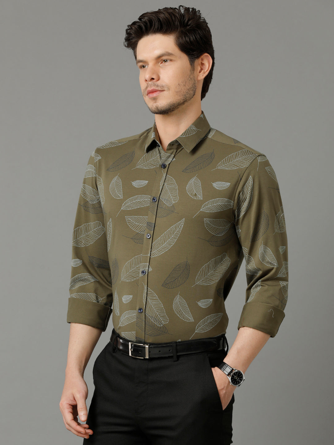 Aldeno Mens Regular Fit Floral Print Green Casual Knitted Cotton Shirt (CARSO)