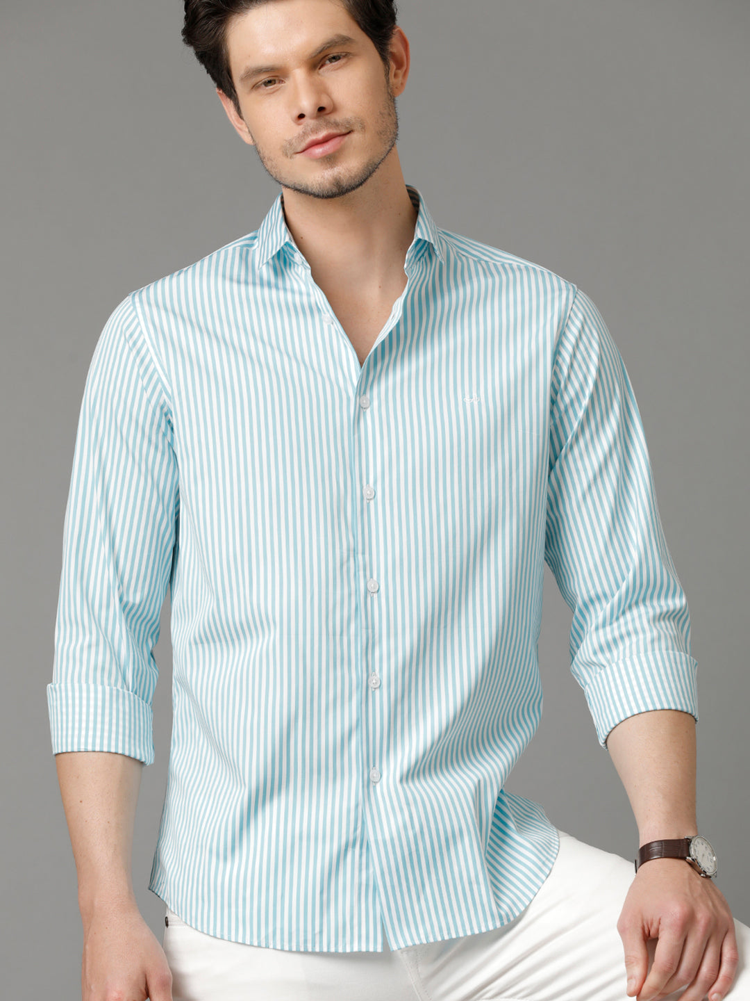 Aldeno Mens Regular Fit Vertical Stripes Blue Casual Cotton Shirt (CASEN)