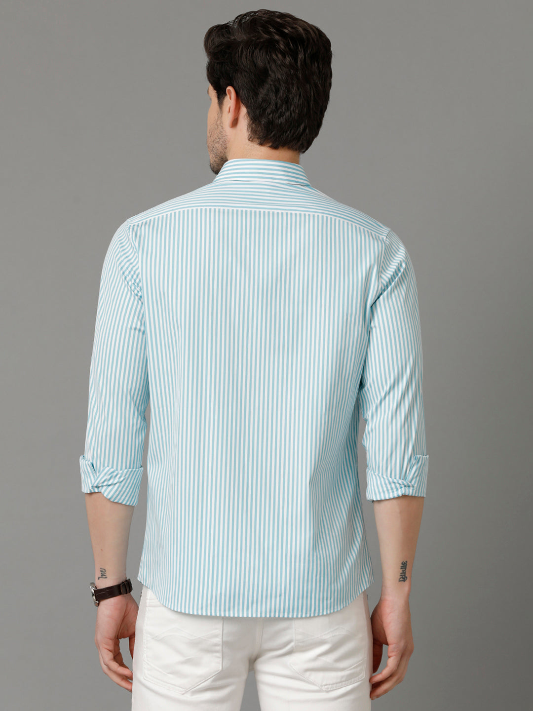 Aldeno Mens Regular Fit Vertical Stripes Blue Casual Cotton Shirt (CASEN)