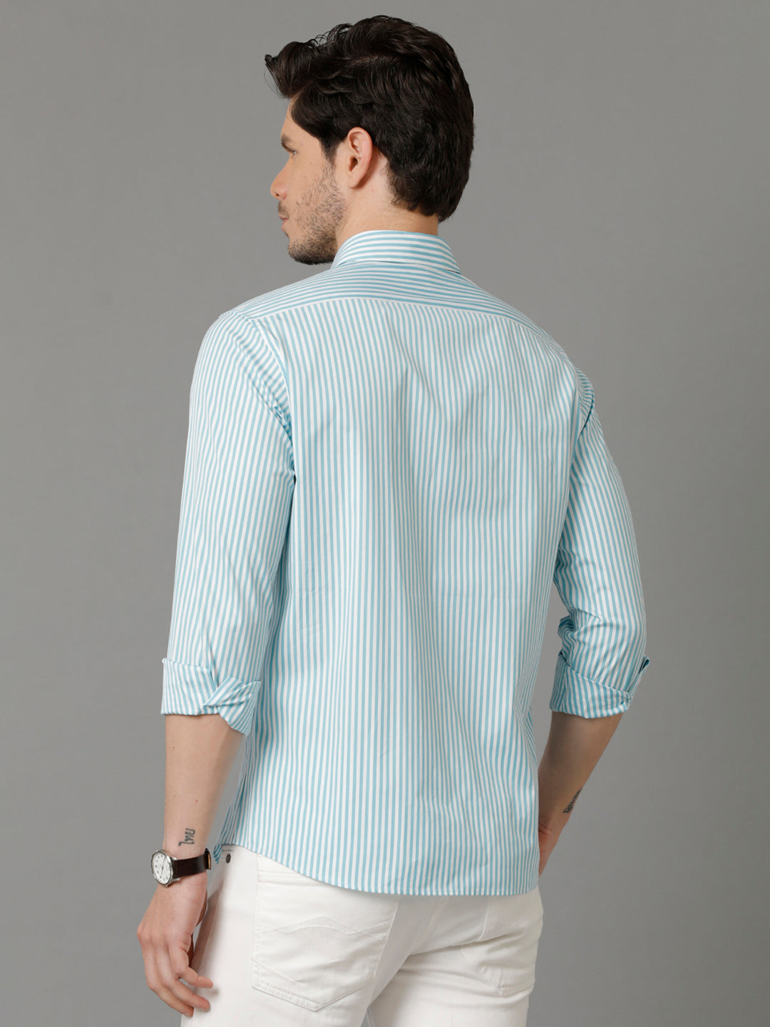 Aldeno Mens Regular Fit Vertical Stripes Blue Casual Cotton Shirt (CASEN)