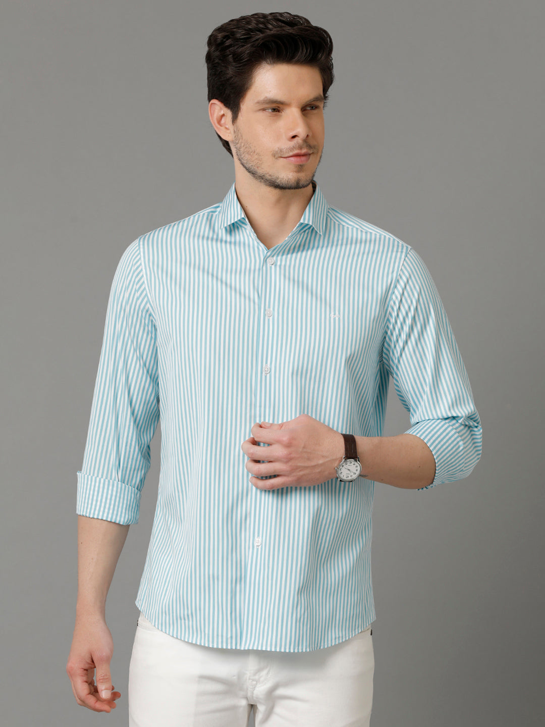 Aldeno Mens Regular Fit Vertical Stripes Blue Casual Cotton Shirt (CASEN)