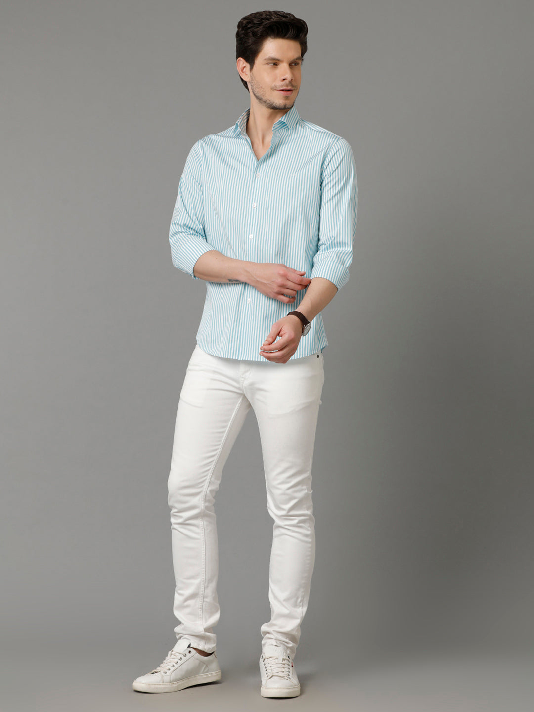 Aldeno Mens Regular Fit Vertical Stripes Blue Casual Cotton Shirt (CASEN)